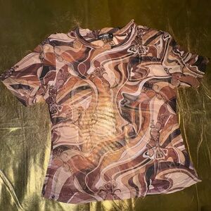 brown/tan/black 70's marble patterned mesh baby tee
